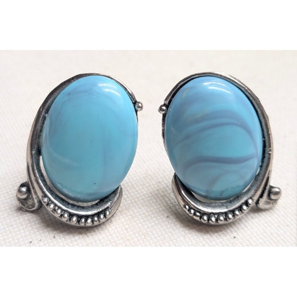 Vintage Clip On Earrings Turquoise Style Blue Cabochon Silver Tone Beaded 15 g